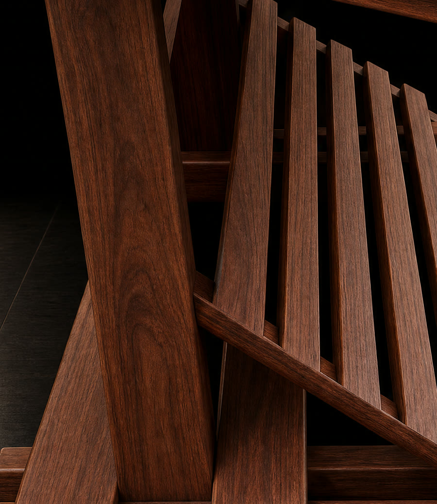 Angled leg, slats and brace of the drafting table meeting at the base