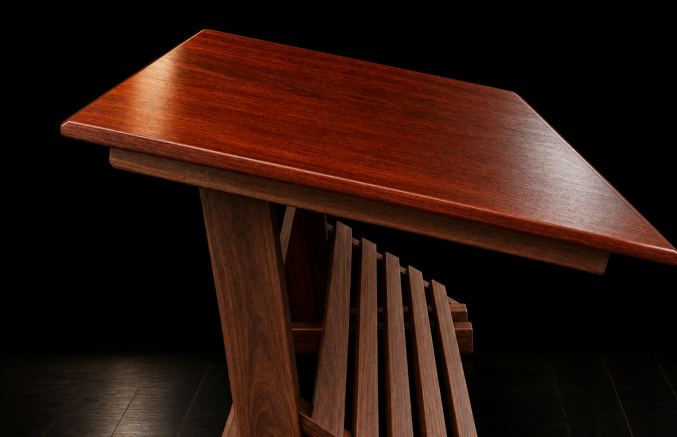 Bespoke rosewood drafting table with a sculpted slatted base against a black background