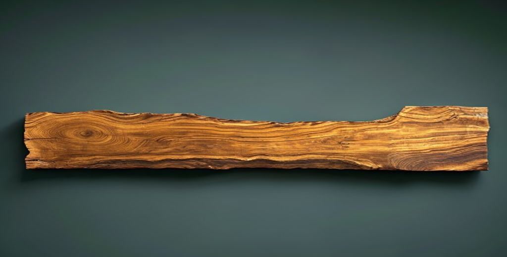 Finished live-edge iroko board showing warm golden caramel interlocked grain